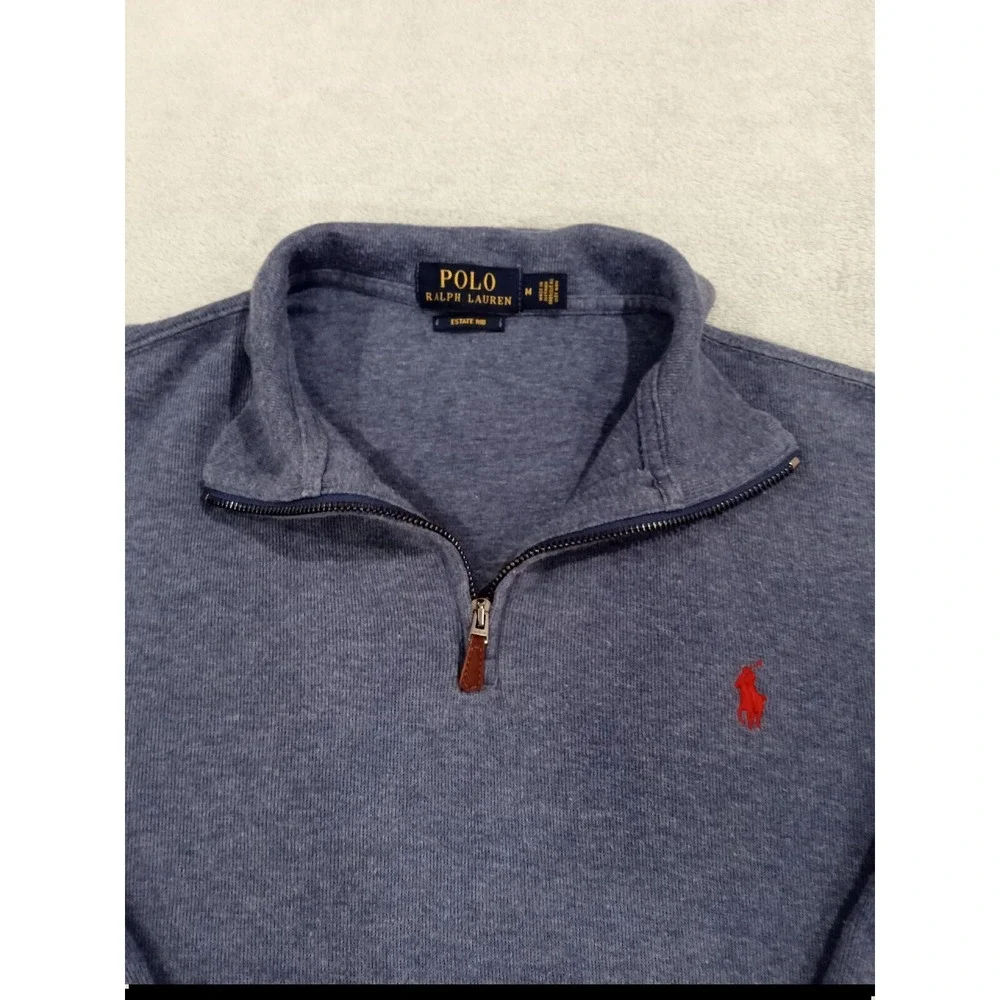 Mens Polo Ralph Lauren Estate Rib 1/4 Zip Sweater Pullover Blue Medium